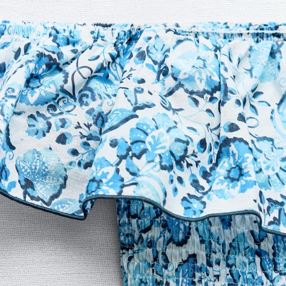 NWT Zara Floral Print Off The Shoulder Dress Blue/White Sz S - Picture 4 of 4